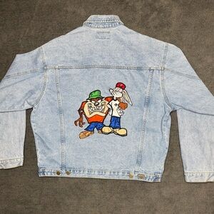 Vintage 1992 Looney Tunes Denim Jacket XL 26” P2P Taz Bugs Bunny Embroidered